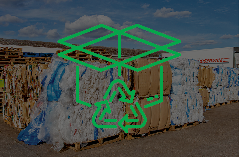 Cardboard and plastic bales stacked on pallets at Thomas Ridley's HQ with cardboard recylcing logo overlayed