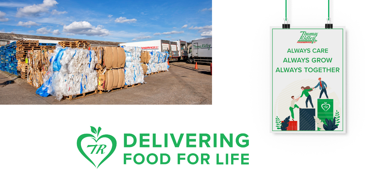 Cardboard and plastic bales stacked on pallets at Thomas Ridley's HQ, the company's mission values and strapline